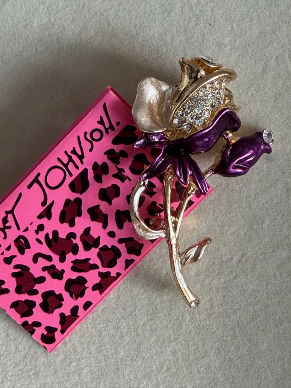 Rhinestone Encrusted Purple & Gold Rose Brooch